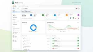 Next Inventory dashboard showing stat cards for total value, item count, transactions, low stock and warehouses, above a stock-by-type doughnut chart, a transaction trend chart, recent activity and top movers