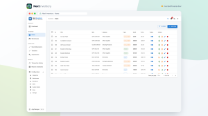 Items list showing each item with its image, SKU, type, warehouse, stock quantity and status, with the filter and add buttons above
