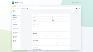 The new item form with image upload, title, SKU, barcode and serial number fields, stock quantity, unit price and low-stock threshold, and a custom fields section