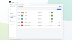 Stock Movements list showing batched check-in, check-out, add-stock and remove-stock operations with their reference, type, warehouse, line count and status