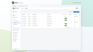 Transfers list showing stock moving between warehouses, with source and destination, line count, status and date