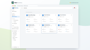 Warehouses overview showing a card per site with its item count, inventory value, low-stock count and recent activity