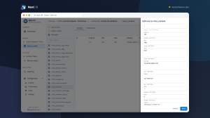 Next DB row-edit drawer with labelled, type-aware fields, NULL checkboxes and Save and Cancel buttons