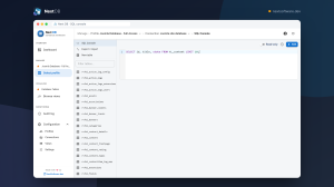 Next DB SQL console with a syntax-highlighted query in a CodeMirror editor above a results grid