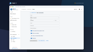 Next DB new-connection form with host, port, user, password and database fields and a successful connection-test result