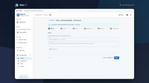Next DB permissions editor showing per-connection operation toggles, the SQL-console gate and table-scope controls