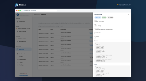 Next DB audit log grid with a detail drawer showing a statement and before/after row snapshots