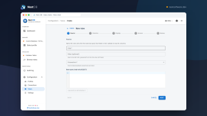 Next DB data-view builder wizard on the source step with a connection picker and a CodeMirror SQL editor