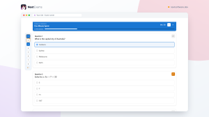 'The Next Exams exam runner on the site showing a countdown timer, a floating vertical strip of numbered question cells marking answered, flagged and current, and a question card with its options and a flag button.'