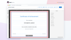 'The Next Exams certificate designer with a drag-and-drop canvas, positioned text and QR elements, and an element properties panel.'