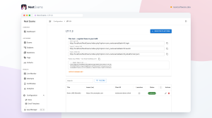 'The Next Exams LTI tool information panel listing the login, launch and JWKS URLs with copy buttons alongside the tool''s public key.'