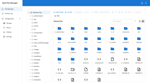 Next File Manager browser showing a folder tree on the left and the Joomla install's files as a grid of tiles, with padlock badges on protected folders