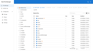 The same folder in Next File Manager's list view, with sortable name, size, type and modified columns
