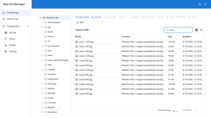 Next File Manager search results listing matching files from across a folder tree with their paths