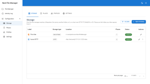 Next File Manager's storage list showing the built-in site storage alongside a remote SFTP drive