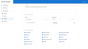 Next File Manager's profile editor showing the assigned user groups above the full grid of sixteen file-operation checkboxes
