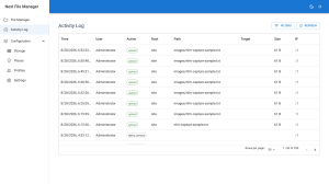 Next File Manager's activity log grid listing recent uploads, renames and deletions with user, action, place and path columns
