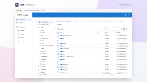 The same folder in Next File Manager's list view, with sortable name, size, type and modified columns