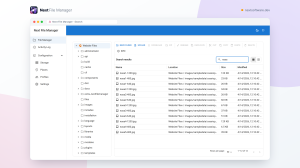 Next File Manager search results listing matching files from across a folder tree with their paths