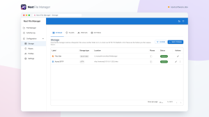 Next File Manager's storage list showing the built-in site storage alongside a remote SFTP drive