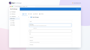 Next File Manager's storage editor showing the SFTP form with host, username, private key and remote folder fields