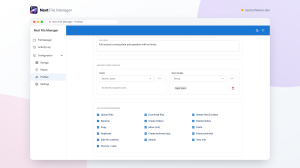 Next File Manager's profile editor showing the assigned user groups above the full grid of sixteen file-operation checkboxes