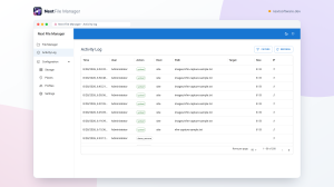 Next File Manager's activity log grid listing recent uploads, renames and deletions with user, action, place and path columns