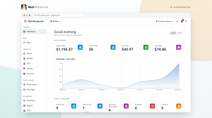 Next Restaurant admin dashboard with KPI cards for orders and sales, a live order feed and an alerts widget
