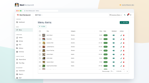 Next Restaurant menu items list with thumbnails, categories, prices and availability toggles