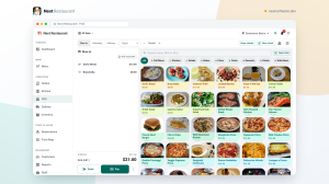 Next Restaurant point of sale with the ticket panel on the left and the category-tabbed menu tile grid on the right