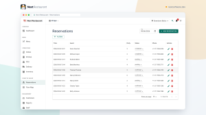Next Restaurant reservations list with a date filter, party sizes, assigned tables and status chips