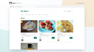 The public Next Restaurant menu showcase on a Joomla site, with category sections, item photography and prices