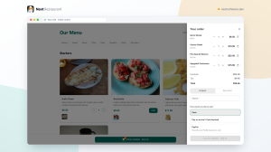 The Next Restaurant storefront ordering page with the item grid and a cart panel showing line items and totals