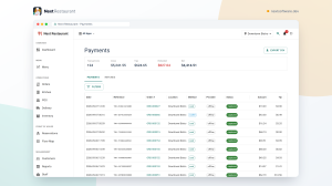 Next Restaurant payments ledger listing card and cash transactions with filters and a CSV export action