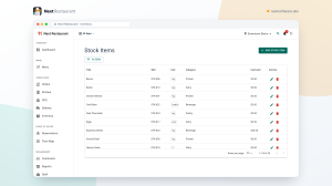 Next Restaurant stock items list with units, current levels, par levels and low-stock indicators
