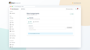 Next Restaurant role editor showing feature areas down the page with per-action permission checkboxes