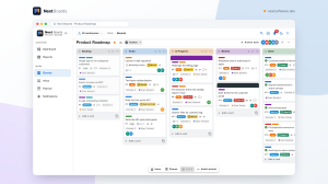 Next Boards kanban board with five lists (Backlog, To Do, In Progress, Review, Done) and cards showing labels, priority, due dates, custom fields and member avatars.