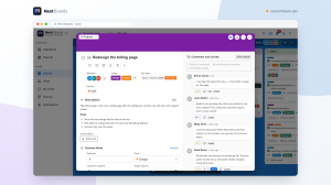 Card window with members, labels, a due date, description, a card button, custom fields, a checklist with an assigned item, and a comment thread with emoji reactions.