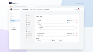 Board settings with three custom fields: a number, a dropdown with coloured options and a checkbox, each with a Show on card switch.