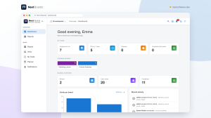 Personal dashboard with counters for assigned, due soon, overdue and completed cards, starred boards, a cards-per-board chart and recent activity.