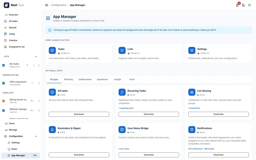 The App Manager with the core apps and the optional apps as cards, each with its status and figures