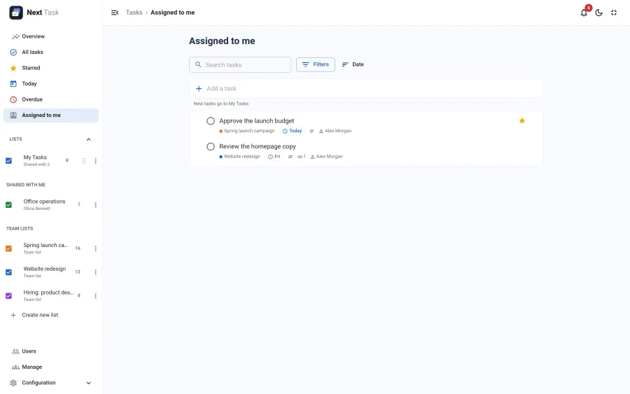 The Assigned to me view listing the open tasks assigned to the current user, from two lists
