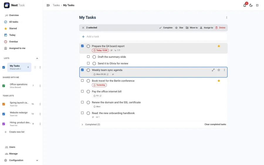 Two tasks selected in My Tasks, with the bar offering Complete, Star, Move to, Assign to and Delete