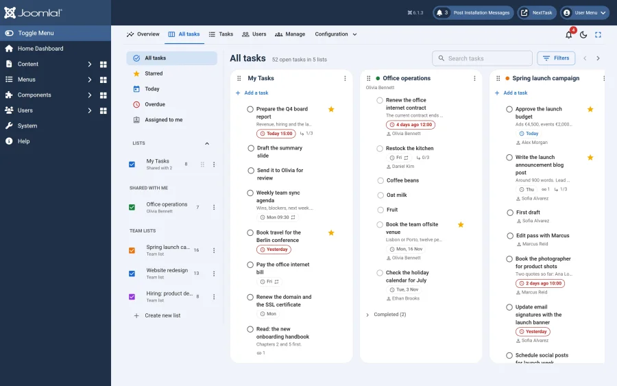 Next Task in the Joomla administrator: the navigation across the top, the lists panel on the left and the All tasks board