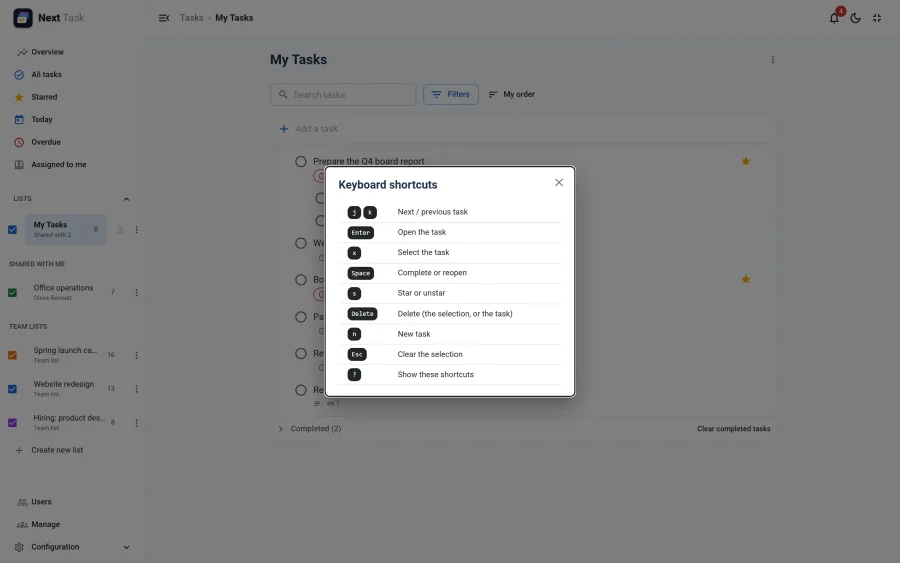 The keyboard shortcuts dialog listing the single-key shortcuts of a task list