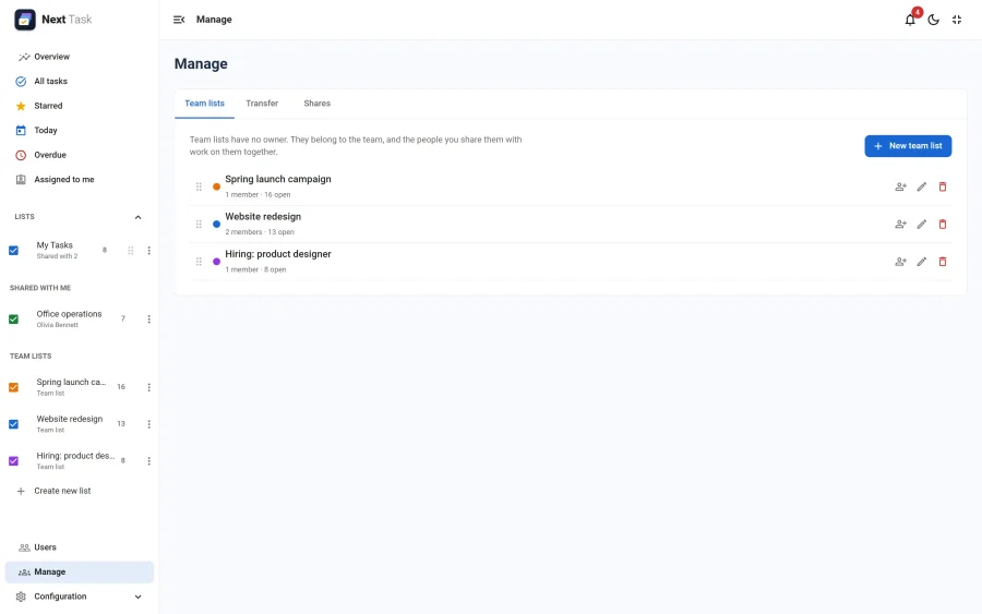 The Team lists tab with three team lists, their members and open tasks