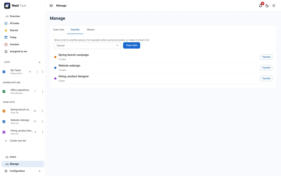 The Transfer tab showing the team lists, each with a Transfer button