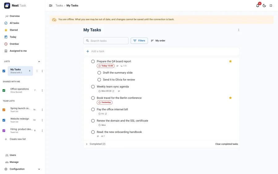 My Tasks with the offline banner across the top