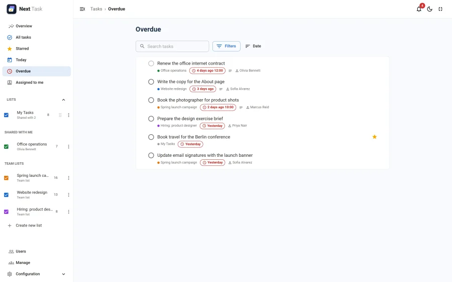 The Overdue view listing tasks from several lists whose dates have passed