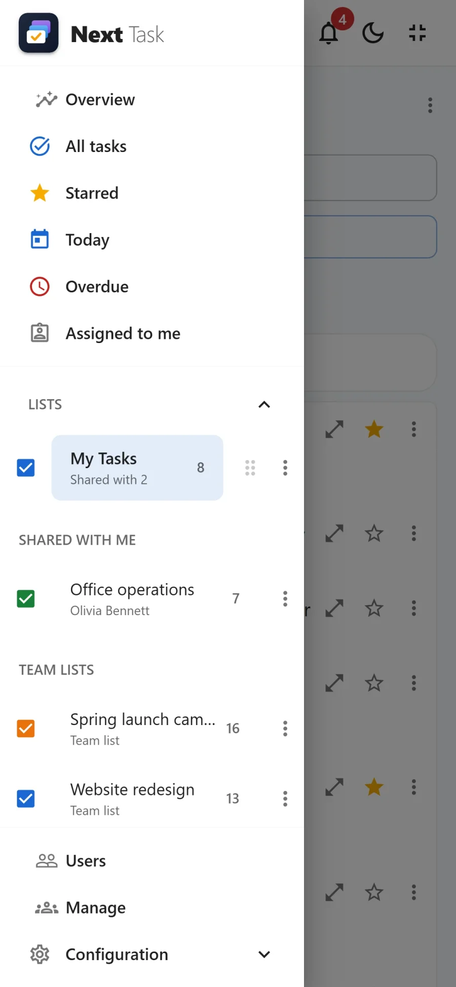 The navigation drawer on a phone with the smart views, the lists panel, Users, Manage and Configuration